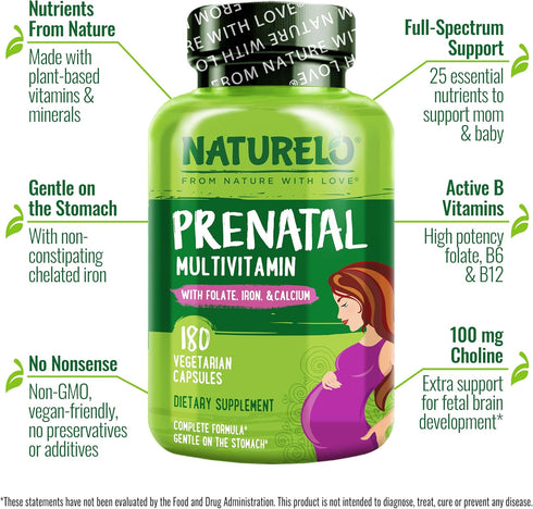 NATURELO Prenatal Multivitamin with Gentle Chelated Iron, Methyl Folate, Plant Calcium & Choline - Vegan, 180 Capsules