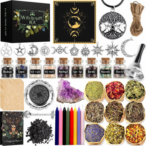 Witchcraft Supplies Kit, 56 PCS Witch Box with Dried Herbs, Crystals, Candles, Amethyst Cluster, Wiccan Tools for