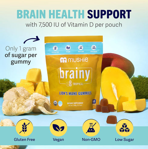 Mushie 100% Gummies 2000mg (75mg 60 Gummies Organic Lions Mane Mushroom - A & B-Glucans) for Brain Health, Focus