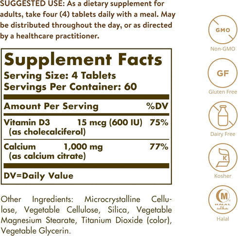 Solgar Calcium Citrate with Vitamin D3, 240 Tablets - Promotes Healthy Bones & Teeth, Supports Musculoskeletal & Nervous Systems - Non-GMO, Gluten Free, Dairy Free, Kosher, Halal - 60 Servings