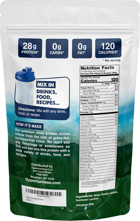 Opportuniteas Grass Fed Whey Isolate Protein Powder - Unflavored 28g Protein Powder Without Artificial Sweeteners,
