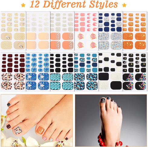 Maitys 264 Pieces Toe Nail Stickers, 12 Sheets Self Adhesive Full Nail Wraps, Glitter Decals with 1 PC File for Women