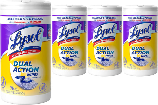 Lysol Dual Action Disinfectant Wipes - Multi-Surface Antibacterial Scrubbing Wipes, Citrus Scent, 75ct (Pack of 4)