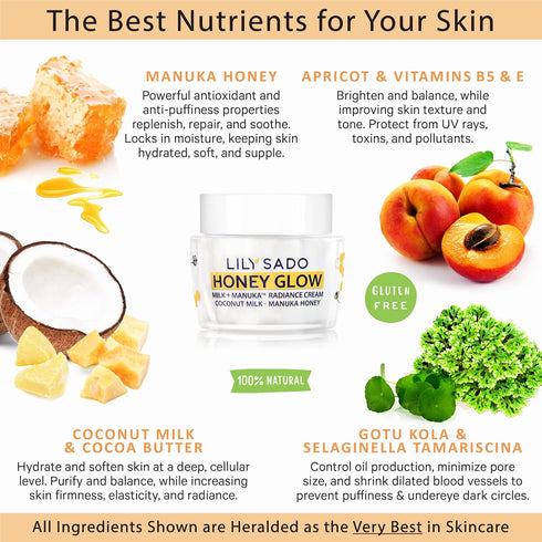 LILY SADO HONEY GLOW Radiance Cream Face Moisturizer, Natural Daily Lotion with Manuka Honey, Coconut, Apricot - 2 oz