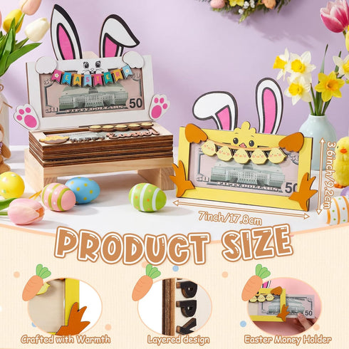 Yeyeplum 8 Set Pcs Easter Bunny Money Holder Wooden Money Holders Cash Gift Holder with Bunny Egg Chick Designs Box