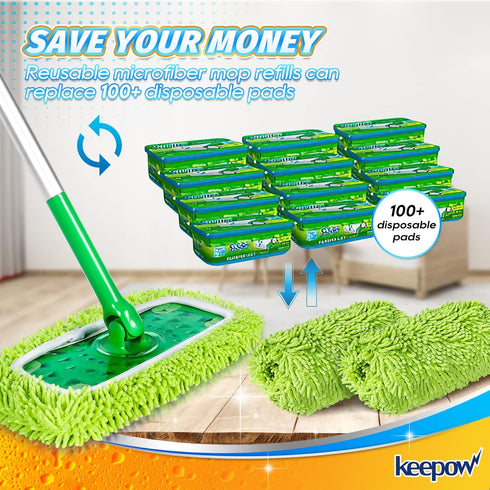 KEEPOW Reusable Dry Sweeping/Wet Mopping Cloths, Compatible with Swiffer Sweeper, 6-Pack Washable Microfiber