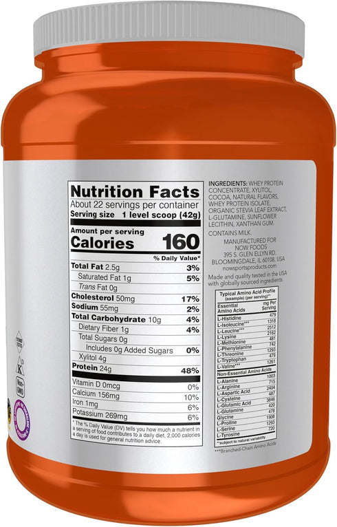 NOW Foods Whey Protein - 24g with BCAAs, Creamy Chocolate Powder, 2-Pound