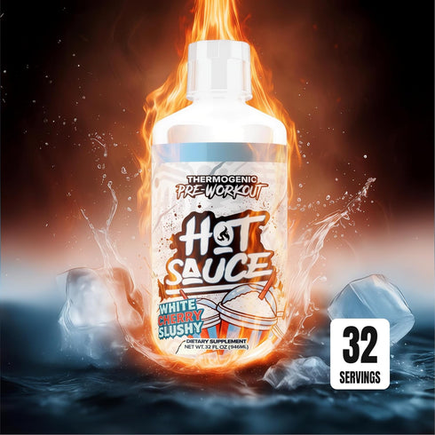 Pump Sauce 32 Oz Hot Sauce Thermogenic Pre-Workout, White Cherry Flavor, Liquid Energy Supplement with Caffeine