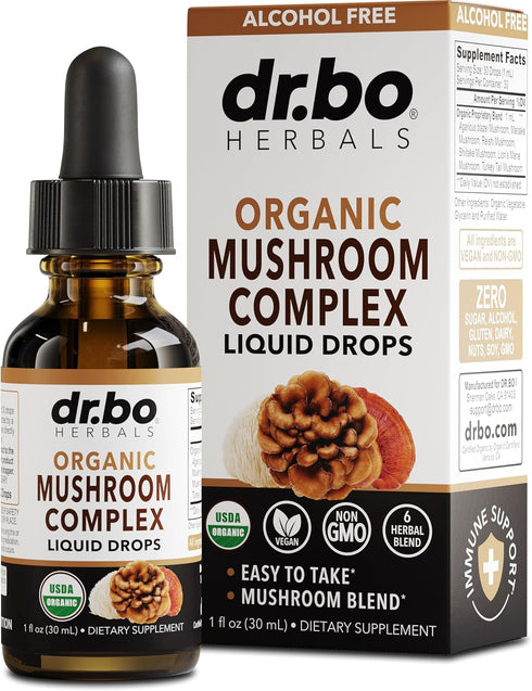 Organic Mushroom Complex Liquid Drops - Adaptogenic Mushroom Supplement with Lion's Mane, Reishi, Turkey Tail, 1oz