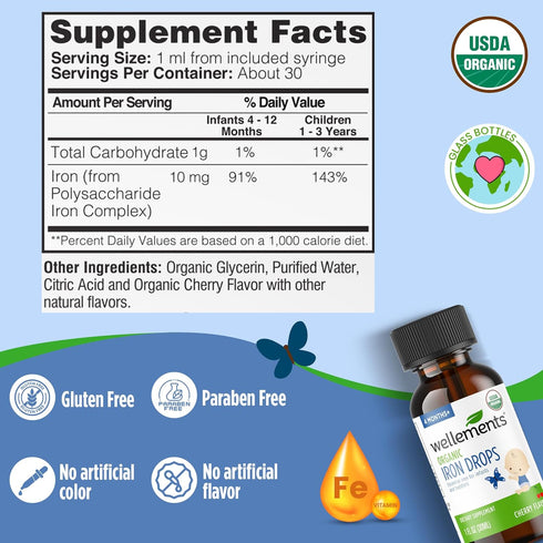 Wellements Organic Iron Drops for Newborn+ Babies (1 Fl Oz) - Cherry Flavor Liquid Iron Supplement for Infants -