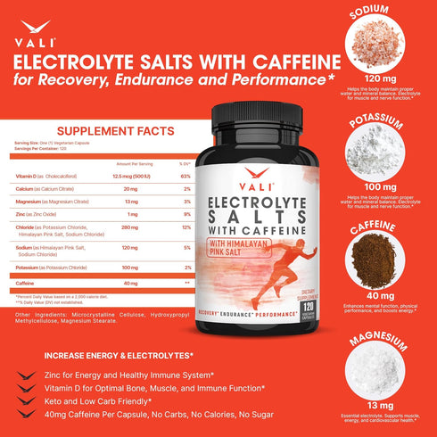 VALI Electrolyte Salts Plus with 40mg Caffeine, 120 Veggie Capsules for Hydration, Energy, Recovery