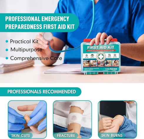 General Medi 110 Pieces Small First Aid Kit - Hard Case First Aid Box for Travel, Home, Office, Camping