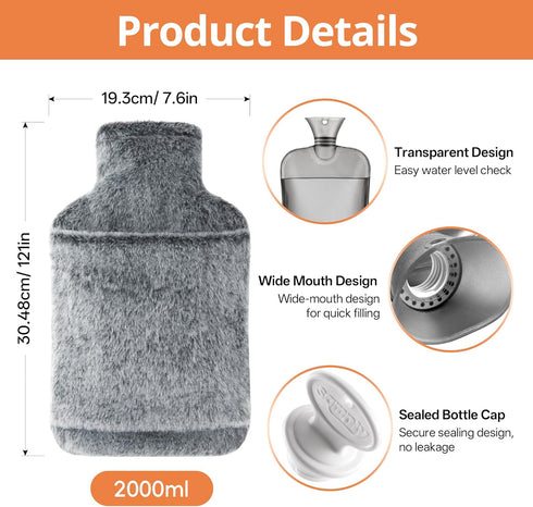 Pocket2L samply Hot Water Bottle with Soft Thick Faux Fur Cover and Hand Hot Water Bag for Hot Compress, Pain Relief