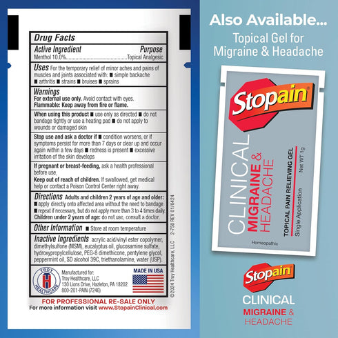 Stopain Pain Relief Clinical Gel Packets, 50 Pack, USA Made, Max Strength with MSM, Glucosamine, Menthol