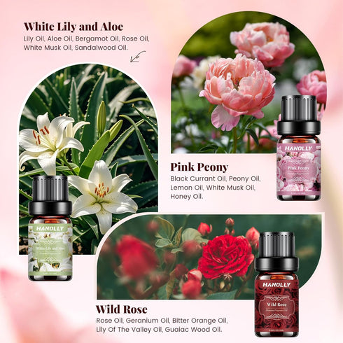 Set 6 Floral Essential Oils - Premium Fragrance Oil for Diffusers, Candle Making, Humidifier - Pink Peony, Wild Rose