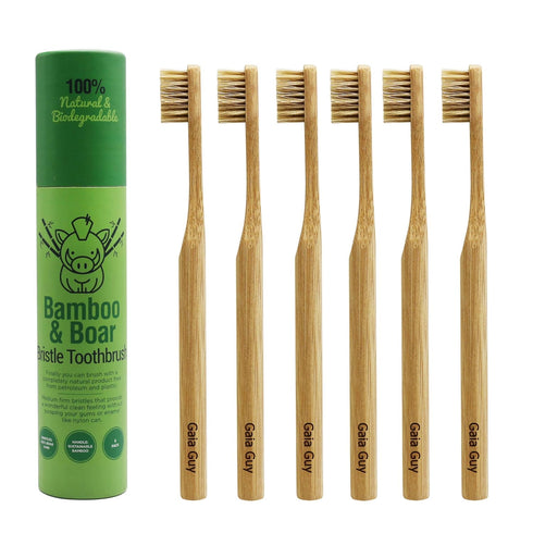 Gaia Guy Natural Bristle Bamboo Toothbrush 6-Pack, Compostable & Biodegradable Boar Bristle and Bamboo