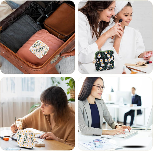 TIESOME 2 Daisies Sanitary Napkin Storage Bag, Pcs Embroidery Menstrual Cup Pouch Cotton Soft Period Holder Bag