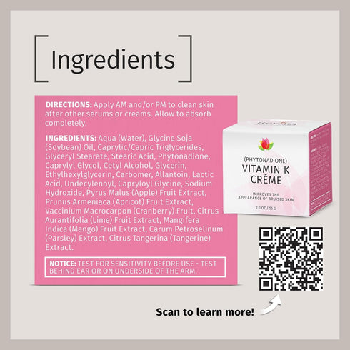 Reviva Labs Vitamin K Crème, 2 Oz for Bruising, Under-Eye Dark Circles, Wrinkles, Soybean Oil, Natural Fruit Extracts