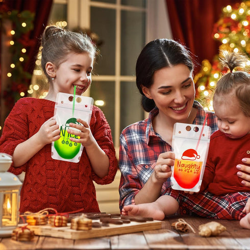 Zhanmai 50 Set Christmas Drink Pouches With Straws - Reclosable Plastic Bags for Adults - Team Naughty Team Nice - Xmas