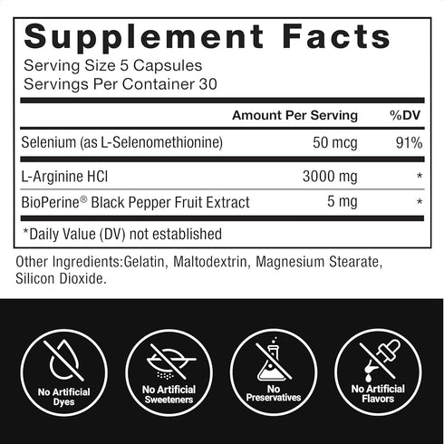 FORCE FACTOR L-Arginine Nitric Oxide Supplement, 3000mg, 150 Capsules, BioPerine for Muscle, Blood Flow, Circulation