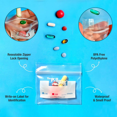 The Pill Bag Gummies 100 Count | Medicine Pill Organizer with Labels for AM/PM | Resealable Disposable Pill Pouches