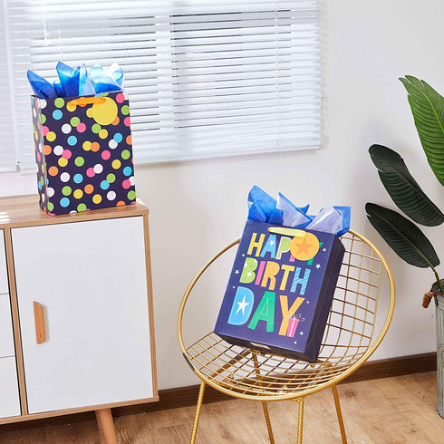 SUNCOLOR 2 Pack 13" Large Gift Bag with Tissue Paper for Him, Happy Birthday