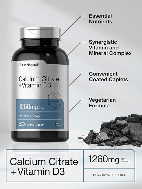Horbaach Calcium Citrate with Vitamin D3, 1260 mg 1000IU, 250 Caplets