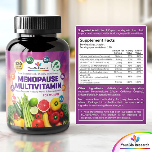 YounGlo Research 120 Menopause Supplement - Vegan Caplets - Menopause & Perimenopause Relief Support - Food and Dietary