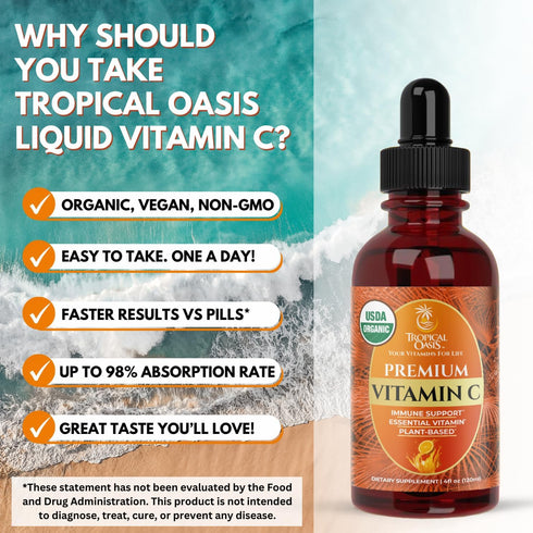 Immune 98% 60 Tropical Oasis USDA Organic Liquid Vitamin C Drops for Adults & Kids | Supports Healthy System |