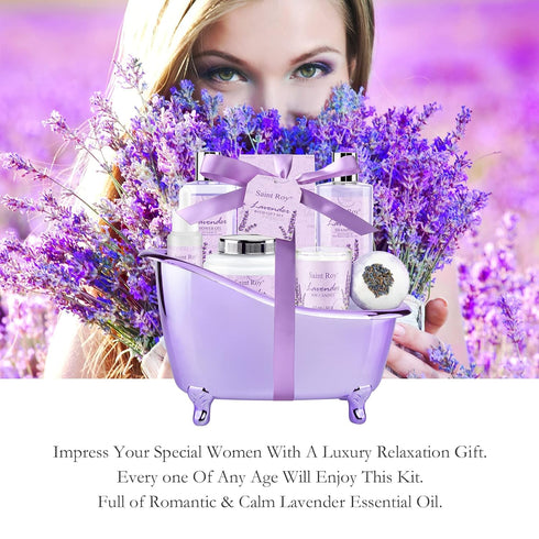 Home Spa Gift Basket for Women - Lavender Bath Set, Aromatherapy Kit with Shower Gel, Shampoo, Body Oil, Bath Bomb,