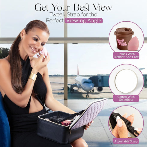 Travel Makeup Bag with LED Mirror, Water-Resistant Customizable Makeup Case with 10x Magnifier Mirror Included