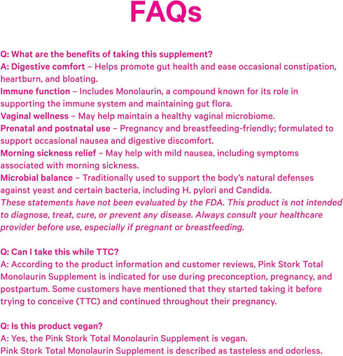 Immune 226g 75 Pink Stork Monolaurin Pellets Vegan Lauric Acid & Gut Support for Women Microbial Balance, Digestive