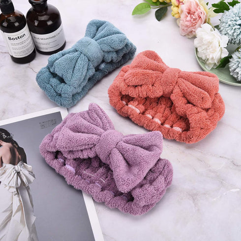 Hicarer 3 Piece Microfiber Bowtie Hairband Set for Women | Chic Purple, Red, Turquoise | Hair Accessories for Shower