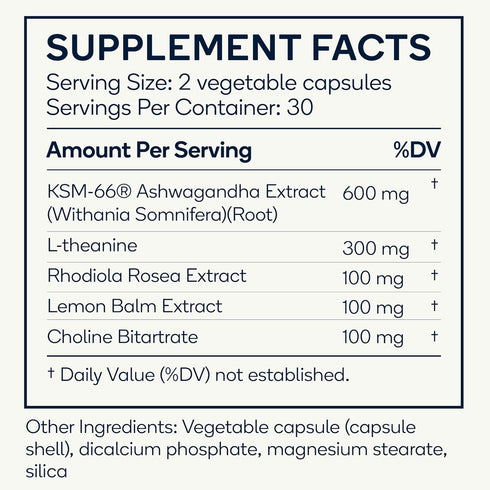 Calm - Natural Stress Relief & Mood Support Supplement with Ashwagandha, Lemon Balm, L-Theanine - 60 Vegan Capsules
