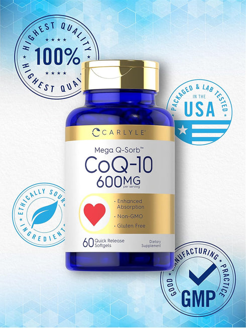 Carlyle CoQ10 600 mg | Mega Q-Sorb Coenzyme Q-10 | 60 Softgels | Non-GMO, Gluten Free with Black Pepper Extract