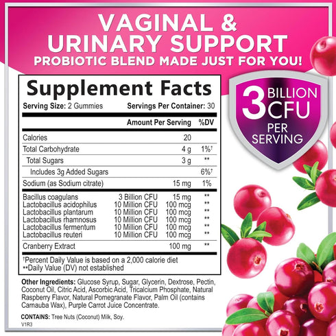 Women's Probiotic - Probiotics for Women Gummy for Digestive Health, Vaginal pH, Urinary & Immune Health Support, 3 Billion CFU w/Cranberry, Probiotic & Prebiotic Gummies for Women - 60 Gummies
