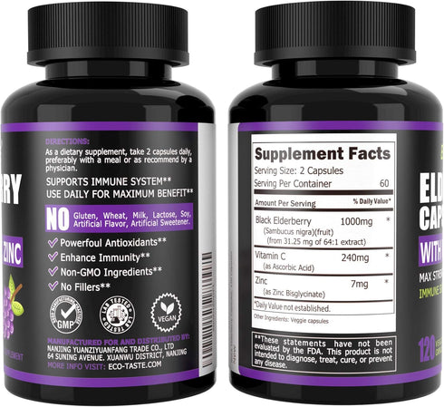 ECO-TASTE Elderberry Capsules with Zinc & Vitamin C - 120 Veggie Caps for Immune & Skin Health