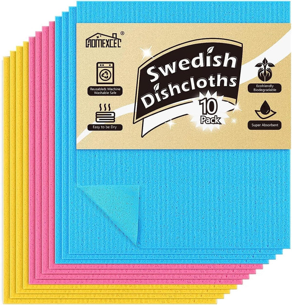 HOMEXCEL Swedish Dishcloths for Kitchen, 10 Pack, Reusable and Absorbent in 3 Assorted Colors