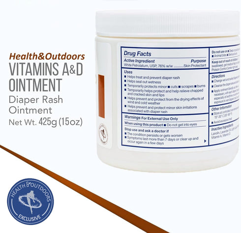 HEALTH & OUTDOORS 15 Oz (2 Count) Vitamin A & D Ointment Jar Skin Protectant for First Aid, Cuts, Burns, Chaffing, Dry