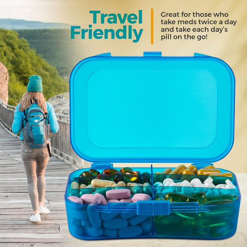 Pill Organizer Case - Portable 6 Compartment Daily Travel Medicine Reminder Box, 2 Pack, Blue
