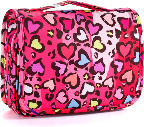 Kids Hanging Toiletry Bag for Girls, Waterproof Travel Cosmetic Makeup Wash Bag, Toddler Toiletries, Leopard Red