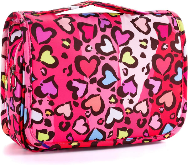 Kids Hanging Toiletry Bag for Girls, Waterproof Travel Cosmetic Makeup Wash Bag, Toddler Toiletries, Leopard Red
