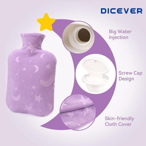 Hot Water Bottle with Soft Cover, 2L Hot Water Bag for Menstrual Cramps, Neck and Shoulder Pain Relief, Purple