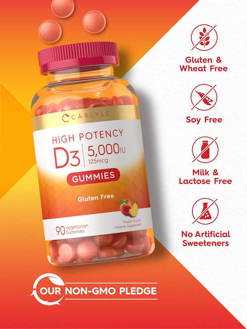 Carlyle Vitamin D3 Gummies, 90 Count, High Potency, Vegetarian, Non-GMO, Gluten Free, Peach Flavored
