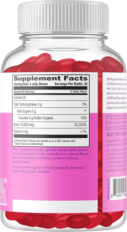 SmileVites Biotin 10,000 MGC Hair, Skin, and Nails Supplement Strawberry Flavored Jelly Beans Gluten Free, Gelatin Free, Vegan Friendly, GMO Free & Kosher - 120 Count (Pack of 1)