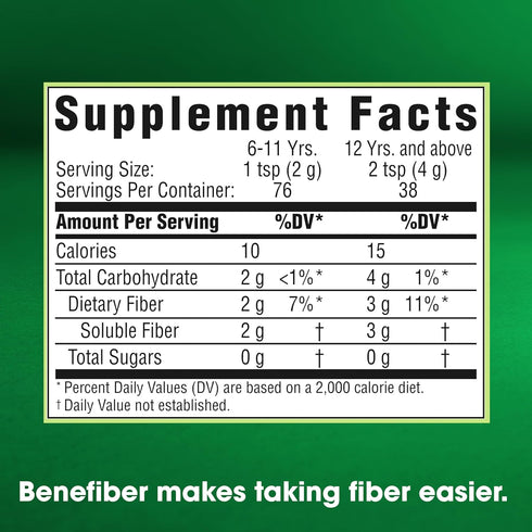 Benefiber Daily Prebiotic Fiber Supplement Powder for Digestive Health, Unflavored - 125 Servings