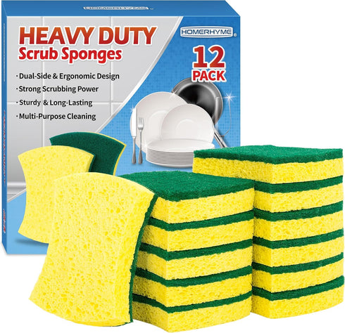 Heavy Duty Sponges, 12 Pack Cellulose Dual-Sided Kitchen Scrub Sponge for Dishwashing