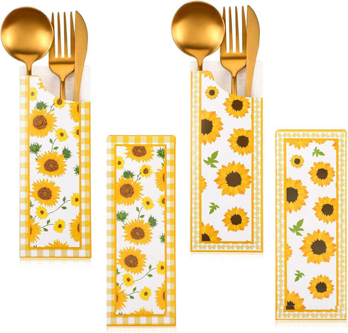 100 Pieces Silverware Bags, Sunflower Party Supplies Wedding Silverware Sleeves, Disposable Cutlery Holder