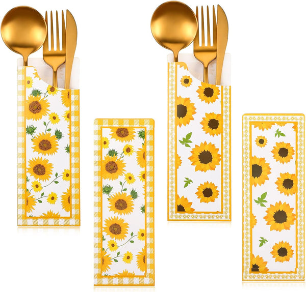 100 Pieces Silverware Bags, Sunflower Party Supplies Wedding Silverware Sleeves, Disposable Cutlery Holder