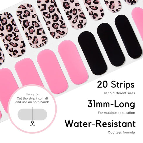 NAILOG Semi Cured Gel Nail Strips, 20 Extra Long Polish Stickers, Glossy & Long Lasting, Pink Leopard